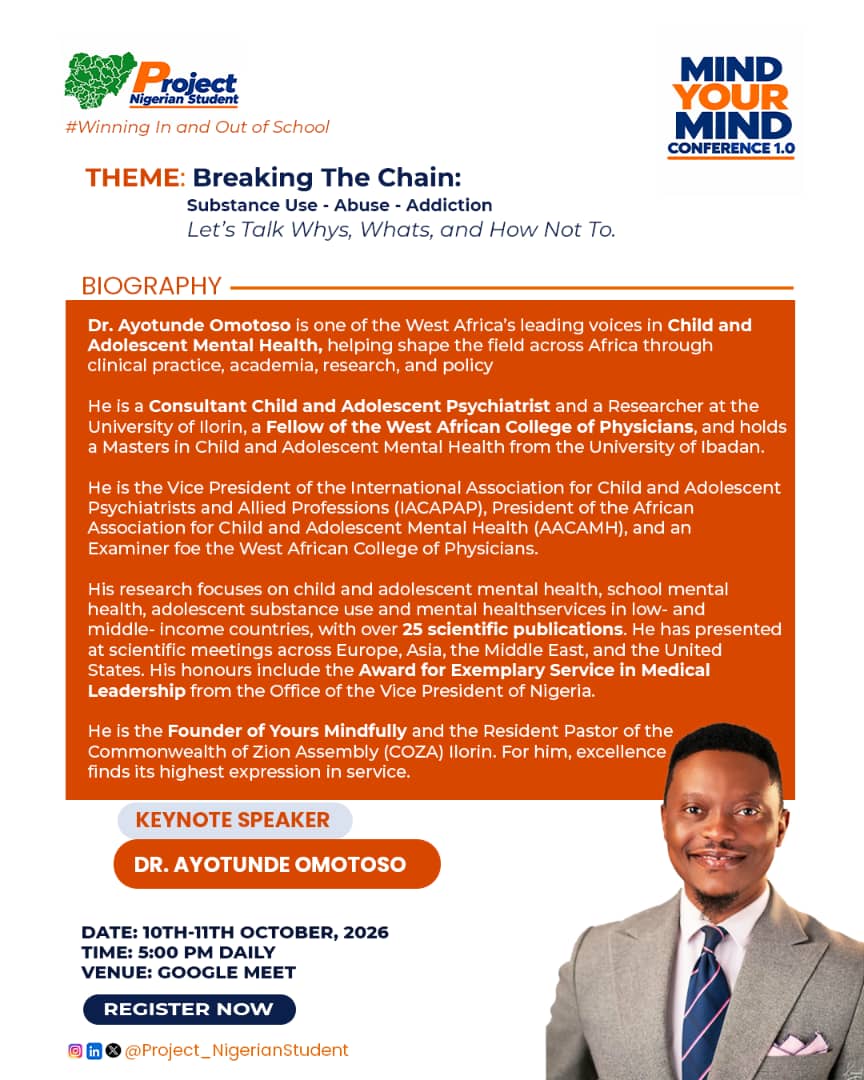 Project_Nig_Stu's tweet photo. And our KEYNOTE SPEAKER!!!🤩

Meet Dr. Ayotunde Omotoso, one of West Africa's Leading Voices in Child &amp; Adolescent Mental Health. A distinguished Consultant Psychiatrist, Global Leader, and Award-Winning Researcher.

1/3 https://t.co/S0OxzVBPFX