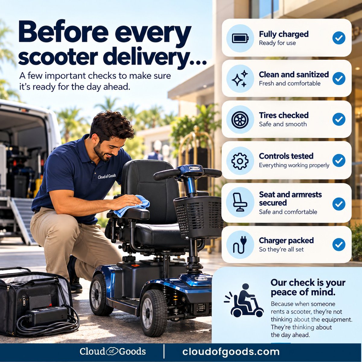 cloudofgoods's tweet photo. Checking it is our job.
Enjoying the day is yours.
We make sure the equipment is ready, so you can focus on where you’re going, who you’re with, and the day ahead.
#CloudOfGoods #TravelMadeEasier #AccessibleTravel https://t.co/EiQnbjvgVv