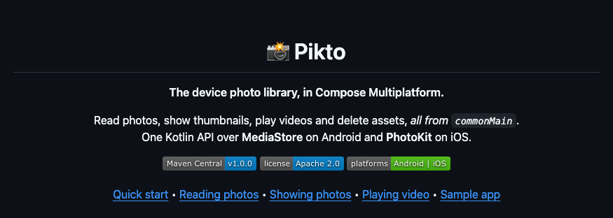 danielatitienei's tweet photo. Pikto 1.0.1 has been released! 📸
A CMP library for the device photo library: read photos, show thumbnails, play videos and delete assets, all from commonMain.
This release brings Kotlin 2.4.20, Compose Multiplatform 1.12, and fixes for iOS
https://t.co/QKtcVnFNlM https://t.co/Vcd9bihp36