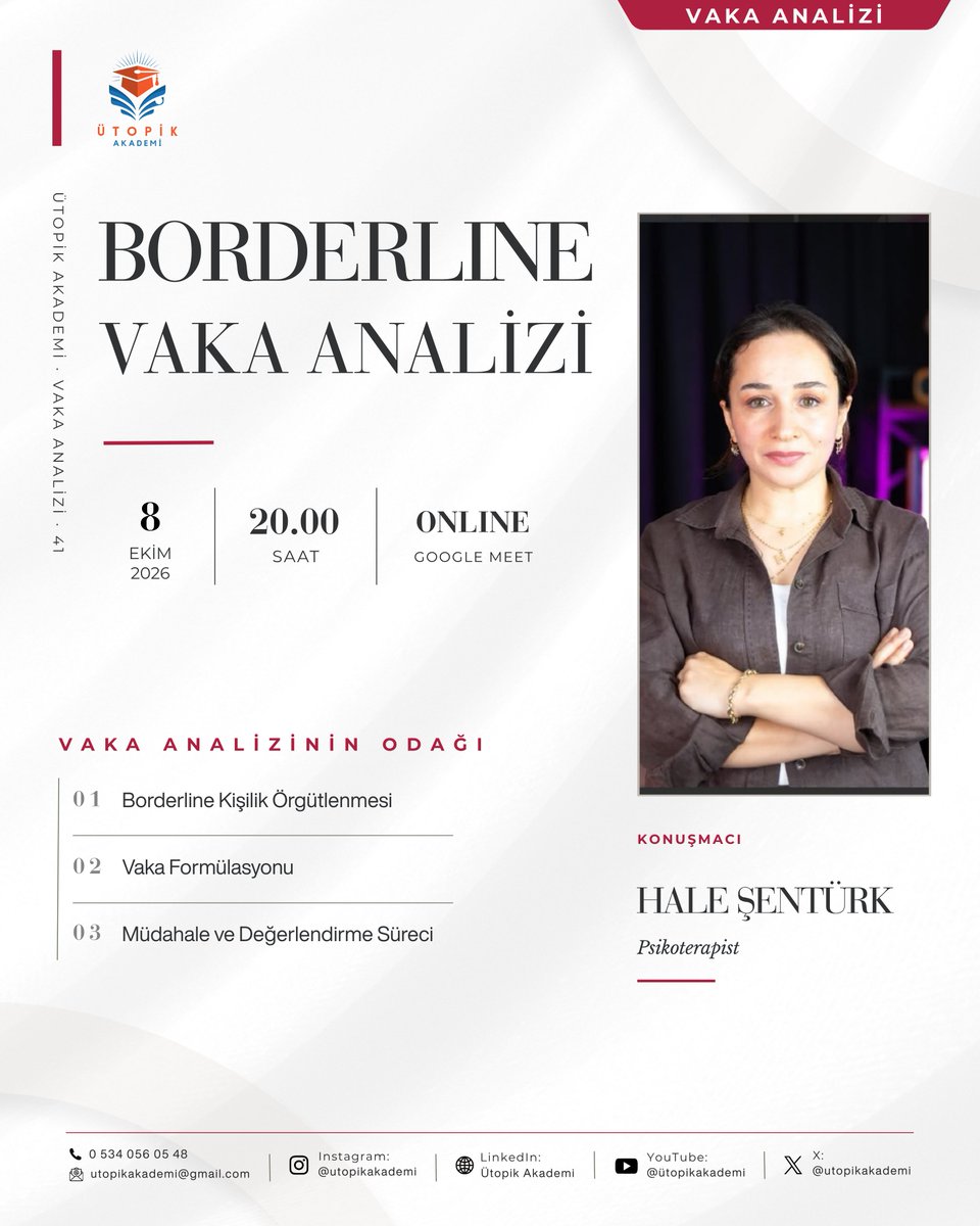 utopikakademi's tweet photo. Herkese merhaba! Yeni "vaka analizi" etkinliğimizle sizlerleyiz.

💬 "Borderline Kişilik Örgütlenmesinde Vaka Analizi"
🎙️ Psikoterapist Hale Şentürk
🗓️ 8.10.2026, Perşembe
🕙 20.00

Başvuru formu: https://t.co/mwhs6AbVIY https://t.co/SWDqCr6MU5