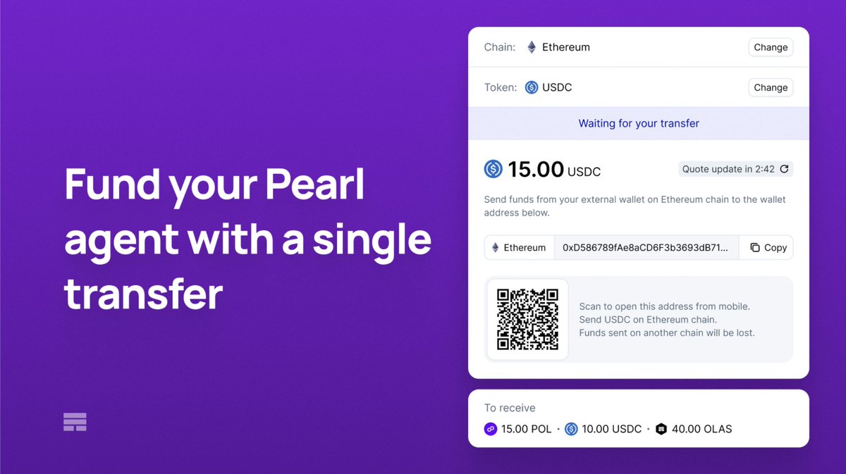 autonolas's tweet photo. Funding an AI agent on Pearl now takes one transfer, and you no longer need to fund on the agent's chain.

Send USDC or the chain's native token from Ethereum, Base, Optimism, Polygon, Arbitrum, Gnosis or Robinhood Chain. Pearl is designed to handle the bridging and swaps.

Read more: https://t.co/sVIXxW9VCM