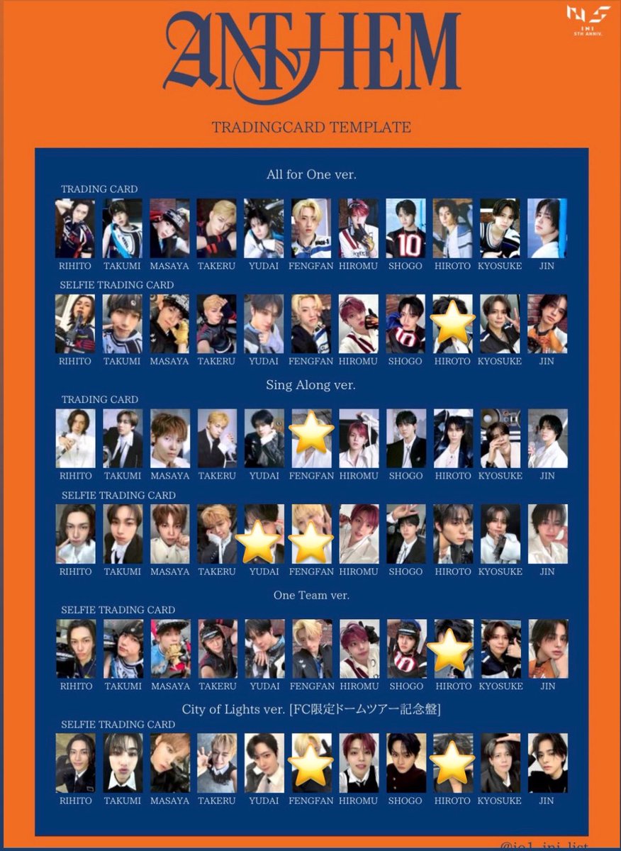 172_hrt's tweet photo. INI ANTHEM トレカ 封入 特典 交換  

【譲】 画像 池﨑 尾崎 後藤 髙塚 藤牧 木村 松田 許 佐野

【求】同異種 西 許 佐野(画像2枚目)

木村、藤牧は西との交換優先
ドーム限定はn:1可能

大阪市内にて手渡しまたは郵送交換
お気軽にお声かけください🙇🏻‍♀️

 #INI交換 https://t.co/HrpSuGvoxO