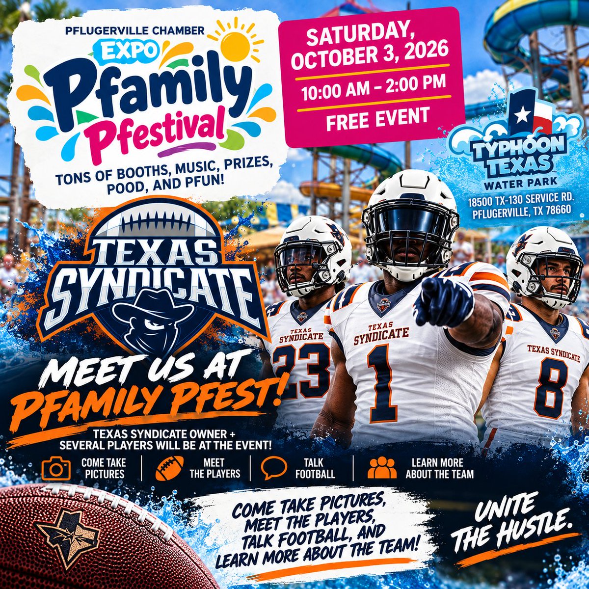 CoFLSyndicate's tweet photo. PFLUGERVILLE, come see us tomorrow! 🏈 Texas Syndicate Football will be at Pfamily Pfest at Typhoon Texas, Saturday, Oct. 3, 10 AM–2 PM. Meet the owner &amp; players, take photos and talk football. FREE event! #TexasSyndicate #PfamilyPfest https://t.co/2LyQZ4sDtj