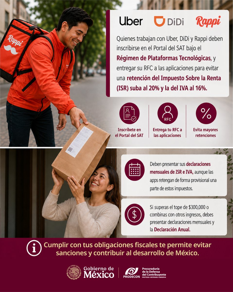 ProdeconMexico's tweet photo. 🚗📦 ¿Obtienes ingresos por prestar servicios a través de plataformas digitales? ¡Esto te interesa!

Es importante que te inscribas correctamente ante el SAT en el Régimen de Actividades Empresariales con ingresos a través de plataformas tecnológicas. 🧾✅

En #PRODECON te orientamos y asesoramos de manera gratuita para que conozcas tus derechos y cumplas correctamente con tus obligaciones fiscales.

📧Escríbenos tu problemática: atencionalcontribuyente@prodecon.gob.mx
☎️Llámanos: 55 1205 9000 (CDMX) | 800 611 0190 (interior del país, sin costo)
📍Ubica tu Delegación más cercana: https://t.co/wjLMMsTM4r
💬Chat en línea: https://t.co/FtUR3rduXv
🤖PRODEBOT: https://t.co/OyKxAJwBbA

#PRODECONProtegeTusDerechos