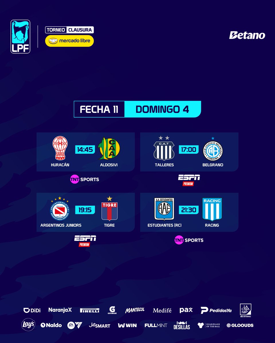 LigaAFA's tweet photo. #TorneoMercadoLibre Clausura 2026 🏆

⚽️ @CAHuracan 🆚 @clubaldosivi 
📺 En vivo por @TNTSportsAR 

⚽️ @CATalleresdecba 🆚 @Belgrano 
📺 En vivo por @ESPNArgentina 

⚽️ @AAAJoficial 🆚 @catigreoficial 
📺 En vivo por @ESPNArgentina 

⚽️ @EstudiantesRio4 🆚 @RacingClub 
📺 En vivo por @TNTSportsAR