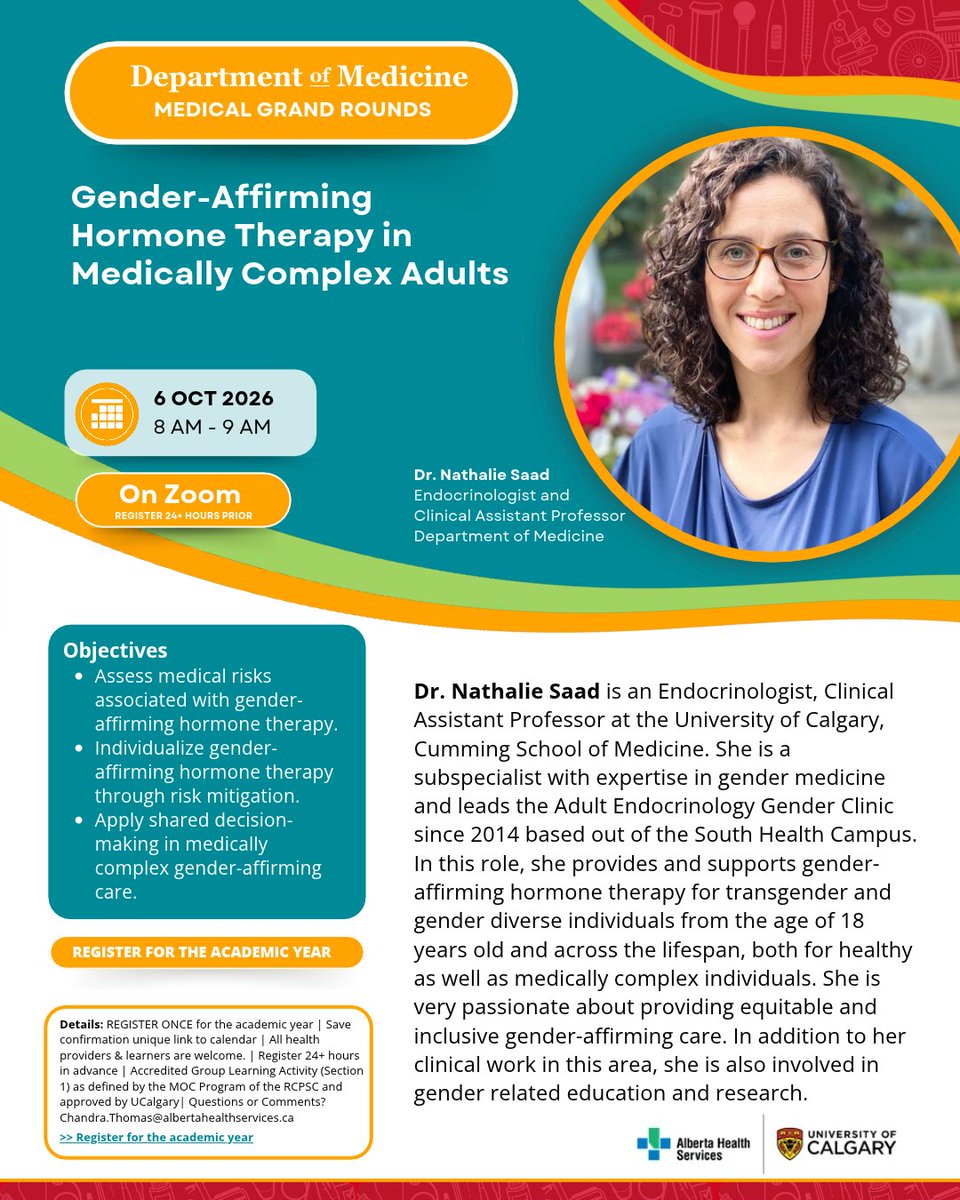 CalDomMed's tweet photo. Join us for DOM Medical Grand Rounds on Oct 6, 2026. Dr. Nathalie Saad will discuss "Gender-Affirming Hormone Therapy in Medically Complex Adults" Register once per academic year: https://t.co/Uzh8dv7iV9 https://t.co/VmxmcFyko6