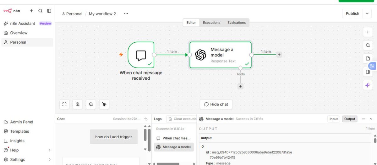 owolab38134's tweet photo. Day 4 of learning AI automation🤖⚙️

Today, I built my first working chatbot workflow with n8n + OpenAI.

I learned how to:
Receive a chat message
Pass it into an AI workflow
Set system instructions for how the AI should respond
#AIAutomation 
#Tech https://t.co/lMuiOBwmT0