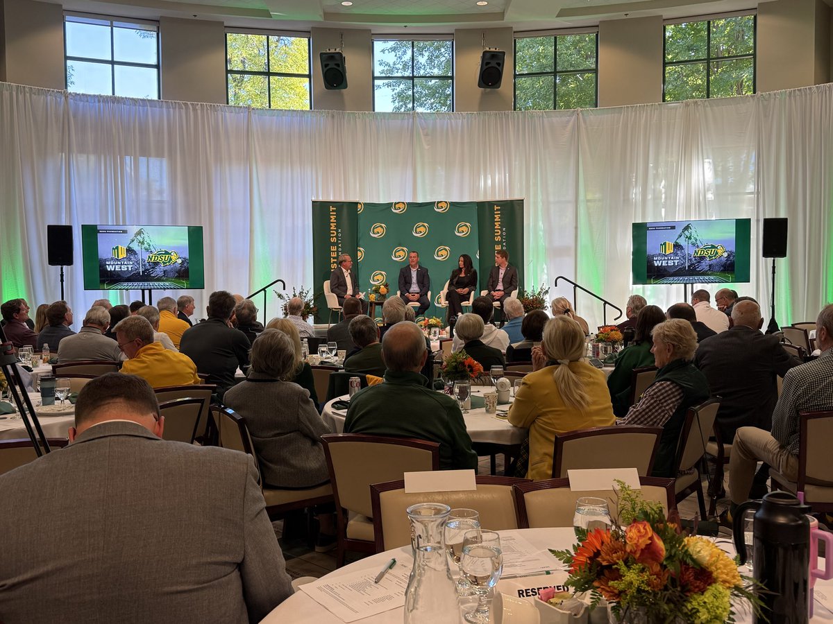 SwanyND's tweet photo. Wonderful morning at the annual NDSU Foundation Fall Trustee Summit. Exciting to have AD Matt Larsen, Mountain West Commissioner Gloria Nevarez and Assoc. Commissioner John Sullivan join us for the breakfast plenary to discuss all things college football. A great Friday morning! https://t.co/N7e5KTyslH