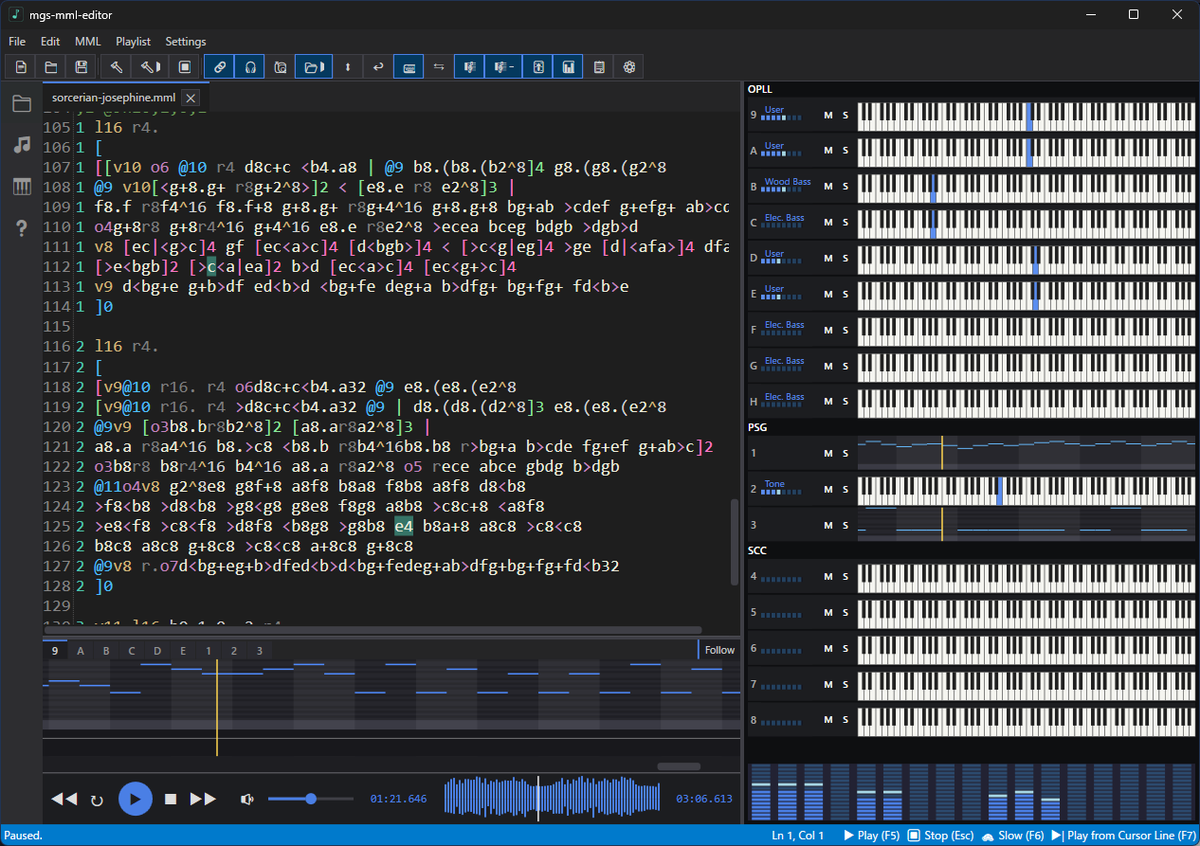 c0ka1ie's tweet photo. 🎹 MGS MML Editor β is out!

A free Windows editor for MGSDRV MML — write it, hit Ctrl+Enter, hear PSG / SCC / OPLL instantly.

🎼 Piano roll + live note highlighting
🎛 OPLL (YM2413) voice editor
🔁 Playlist &amp; MGS→MML decompile

#MSX #chiptune
https://t.co/uOixp0RKaE https://t.co/6GkujrXisV
