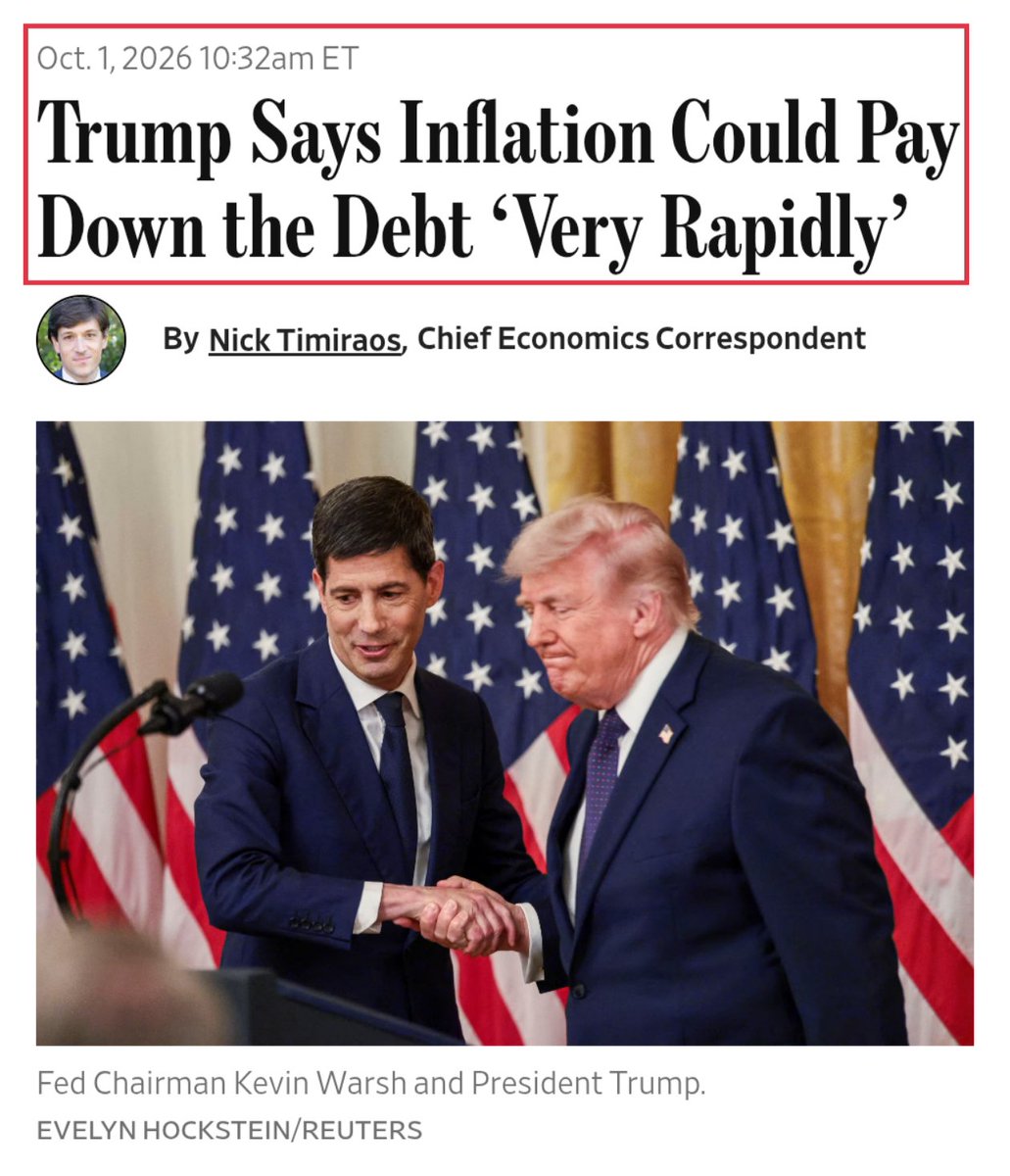 BullTheoryio's tweet photo. 🚨 PRESIDENT TRUMP JUST SAID INFLATION COULD HELP PAY OFF AMERICA’S $40 TRILLION DEBT “VERY RAPIDLY.”

This sounds insane until you look at the math.

And if the US actually tries it, gold, silver and Bitcoin could be the biggest beneficiaries. 🧵 https://t.co/0jveiMWqwC
