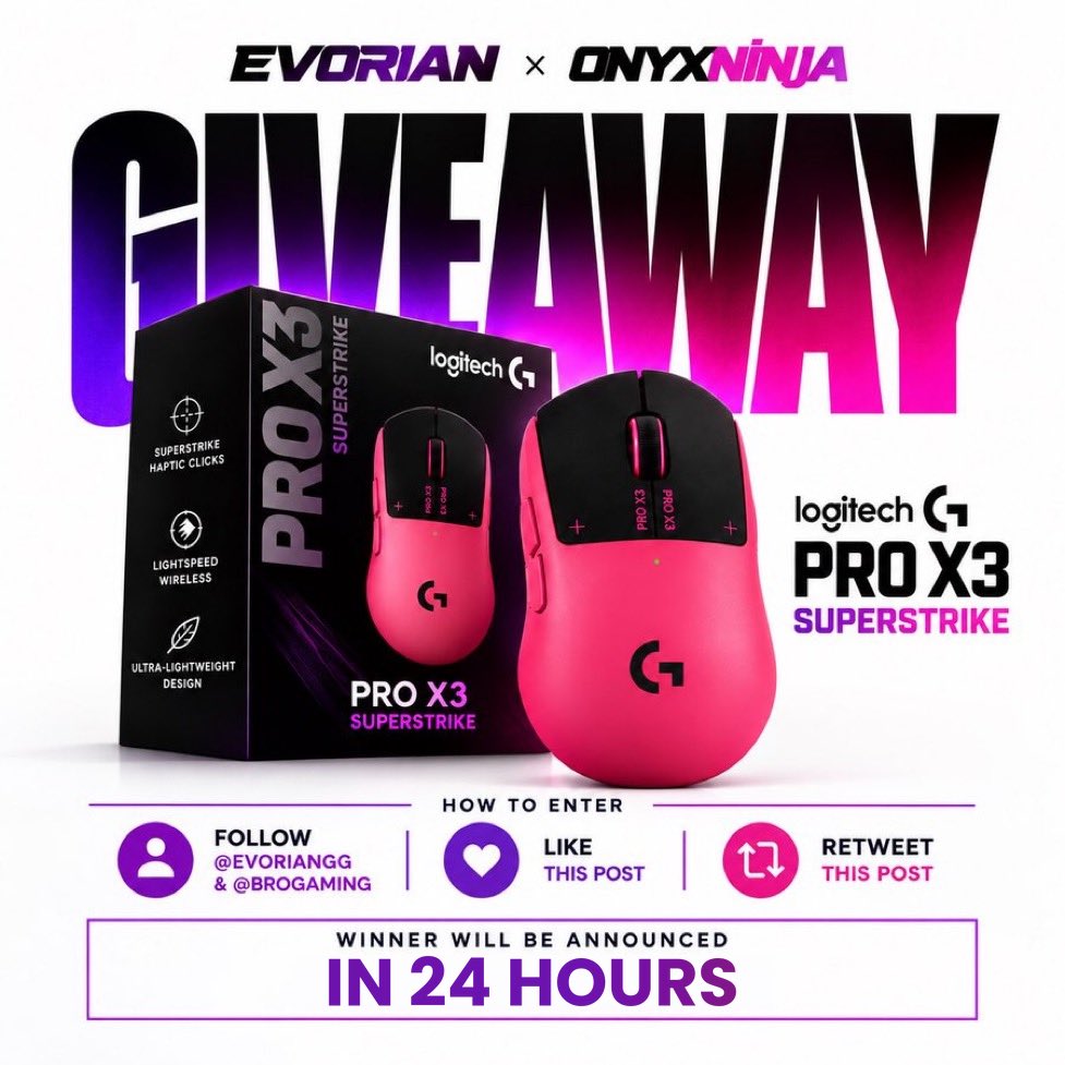 OnyxNinja_ytt's tweet photo. 🎁 WITH MY NEW TEAM we're GIVING AWAY the NEW G PRO X3 SUPERSTRIKE🖱️💜

HOW TO PARTICIPATE:

→ FOLLOW <@OnyxNinja_ytt >  &amp; @evoriangg
→ LIKE THE POST
→ Retweet

🏆 1 WINNER

⏳ The winner will be announced 24 hrs https://t.co/bZLm3PoPz7