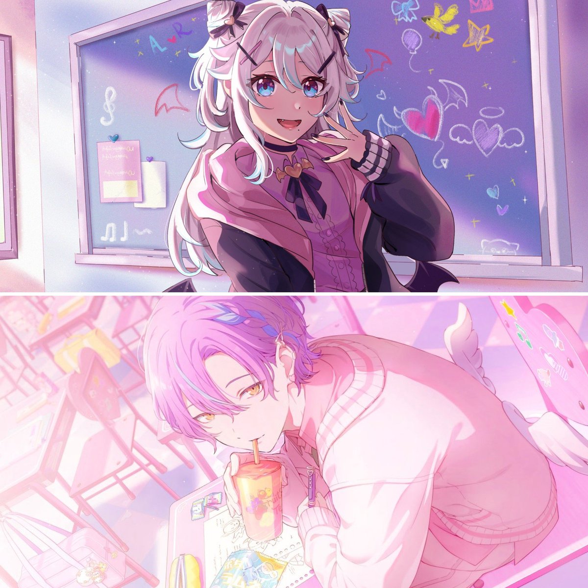 Kyara_BimuuYume's tweet photo. No glasses/ no bg versions and next to Rui!
Expect drawings of them together with these clothes! https://t.co/OZedZ5YfGv
