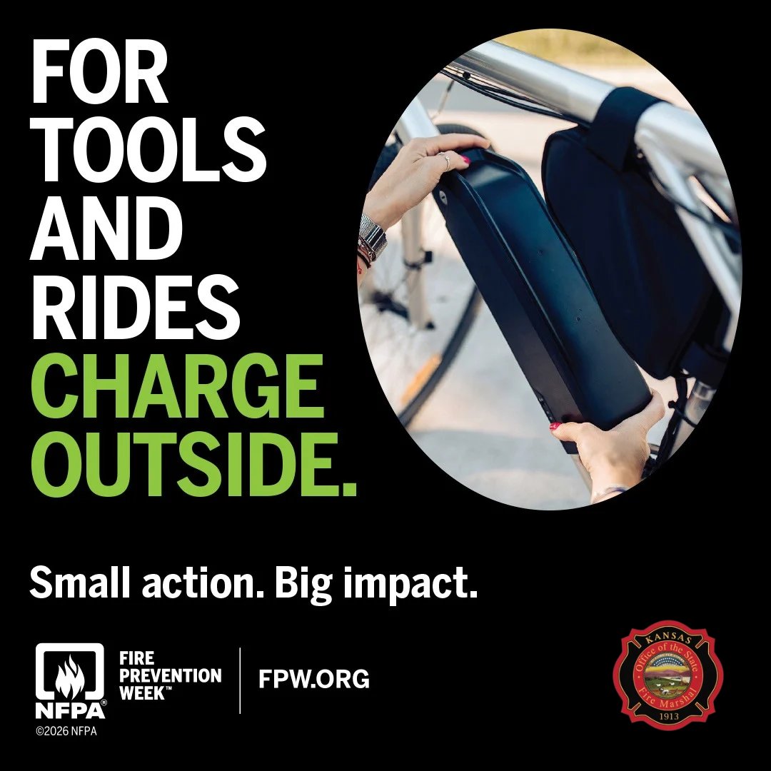 ksfiremarshal's tweet photo. Charge large items like e-bikes, scooters, and power tools outside when possible. Do not block exits when charging. These batteries store more energy, and fires can grow quickly if they fail. 

For more info: https://t.co/9PEOuDeAOh.

#firepreventionweek #sparky #firesafety https://t.co/niDQzAq0iA