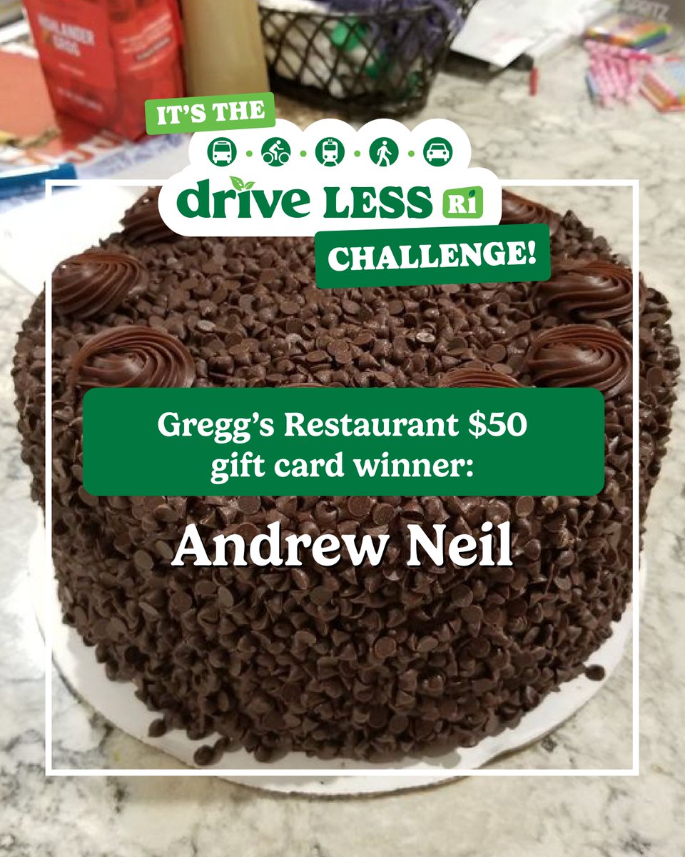 DriveLessRI's tweet photo. 🎉 Congrats to Andrew, winner of a $50 Gregg’s Restaurants &amp; Taverns gift card! Andrew logged 20 trips over the past month and burned 10738 calories!  Every eligible green trip logged also earns an entry toward our quarterly grand prize. Keep logging for your chance to win! 🎁 https://t.co/KLZqMmCuwk
