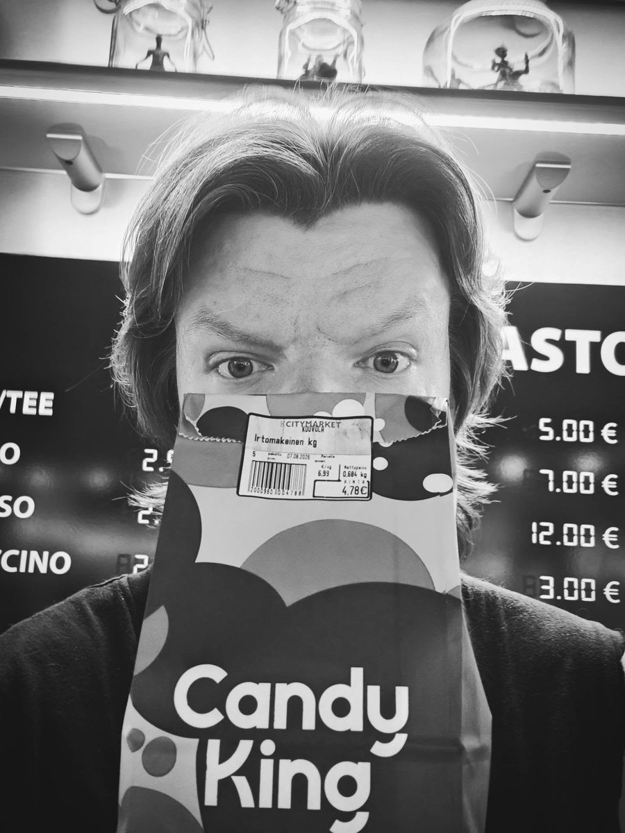 DBabsy's tweet photo. Photo by Arttu Nieminen on August 07, 2026. Black-and-white image of sweets and text reading “Candy King. https://t.co/uSekaMpxuu