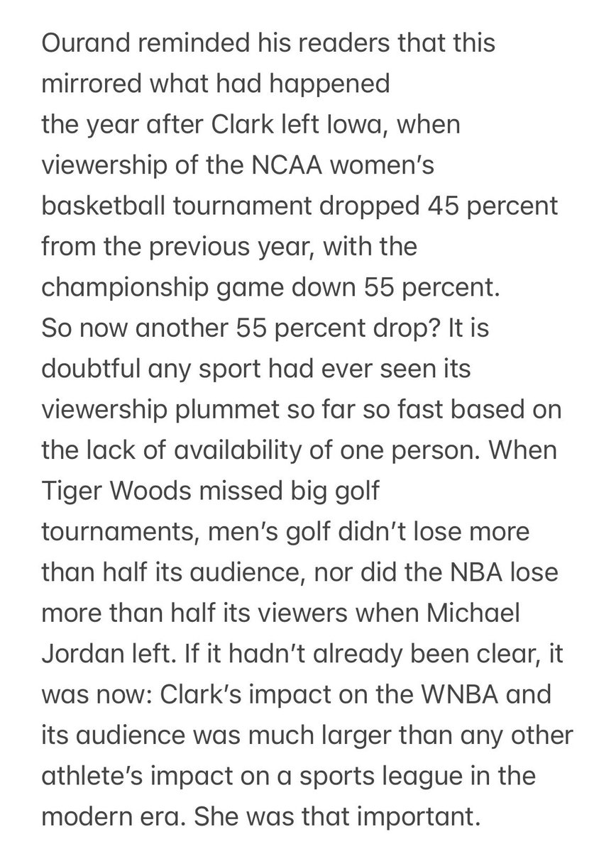 cbrennansports's tweet photo. There’s joy among anti-CC WNBA fans but no joy among TV execs and sponsors. Sad reality hits the W with Fever now out: based on three seasons of viewership data, when Caitlin Clark leaves, half of W’s TV audience leaves as well. Maybe this month is different? From On Her Game: https://t.co/MOqKPxiIdP