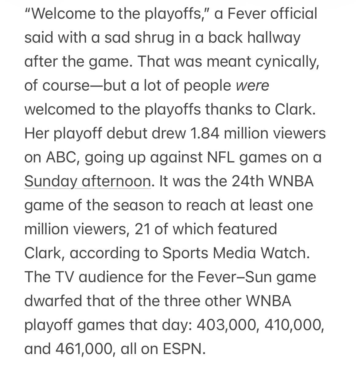 cbrennansports's tweet photo. There’s joy among anti-CC WNBA fans but no joy among TV execs and sponsors. Sad reality hits the W with Fever now out: based on three seasons of viewership data, when Caitlin Clark leaves, half of W’s TV audience leaves as well. Maybe this month is different? From On Her Game: https://t.co/MOqKPxiIdP