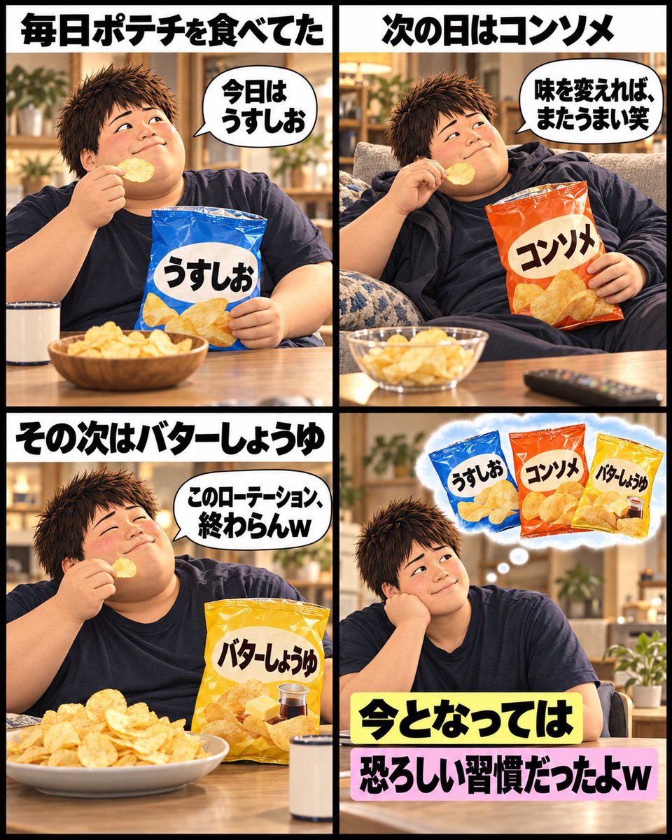 dietyro's tweet photo. うすしお、コンソメ、バターしょうゆ
毎日ポテチで、味だけローテーションしてたんだよね笑

自分は食べ始めると、もっと食べたくなってた
今となっては恐ろしい習慣だったよｗ

※体験をもとにしたAIイラスト https://t.co/UZlxYmTe1O