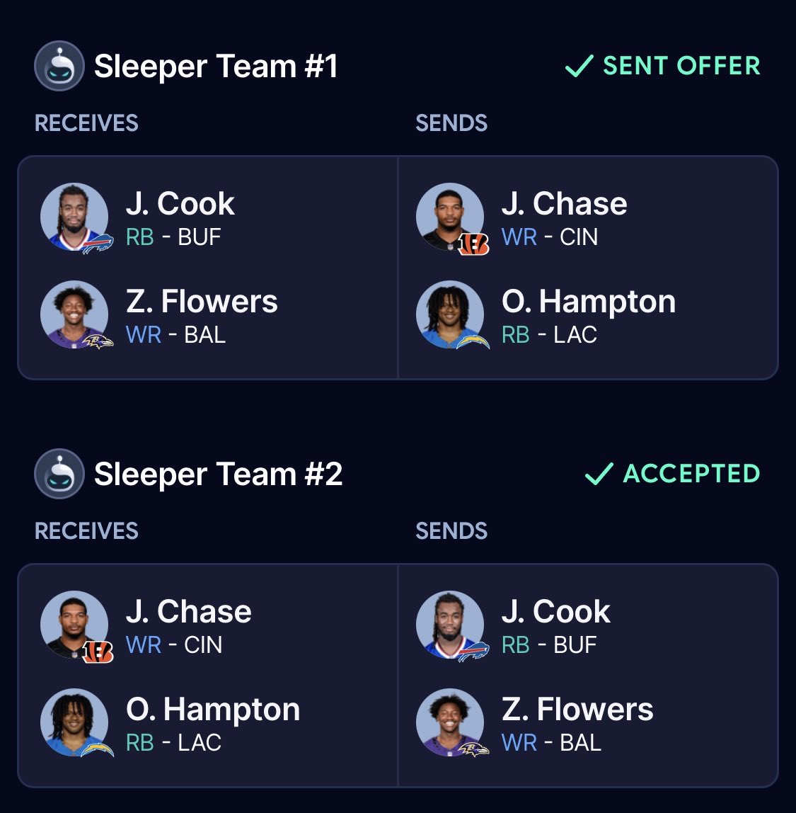 Colombian____'s tweet photo. @SleeperHQ @SleeperNFL Who wins this Trade? https://t.co/DxKdv5dMp2