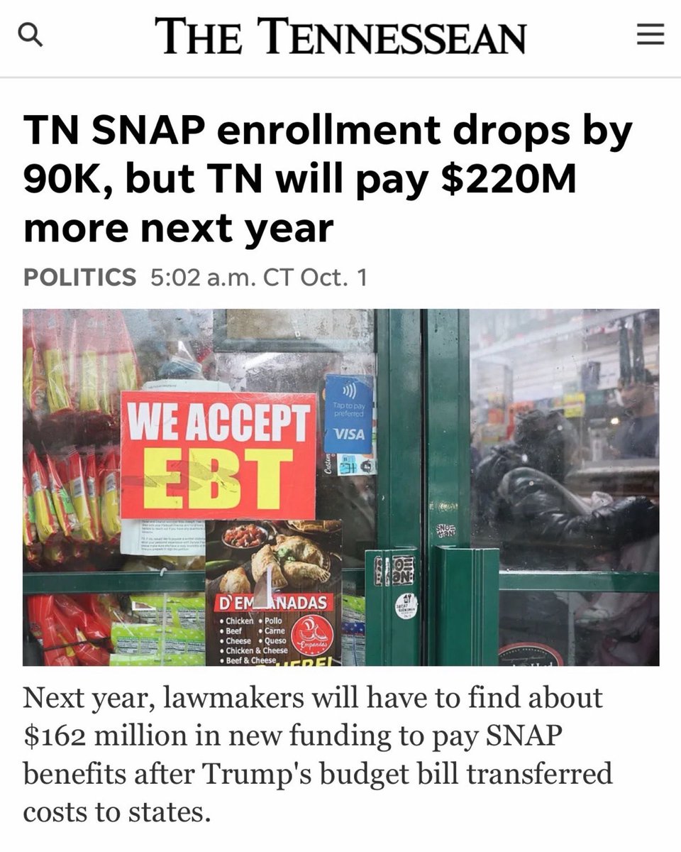 TNSenateDems's tweet photo. 💸 The Trump-Blackburn budget law cut food assistance to pay for tax breaks that mostly benefit the rich AND increased costs on Tennessee taxpayers.

Families are getting crushed by high grocery prices and Republican Party policies are the anvil.

https://t.co/qVBBoPYvlM https://t.co/F94YjPUq7d