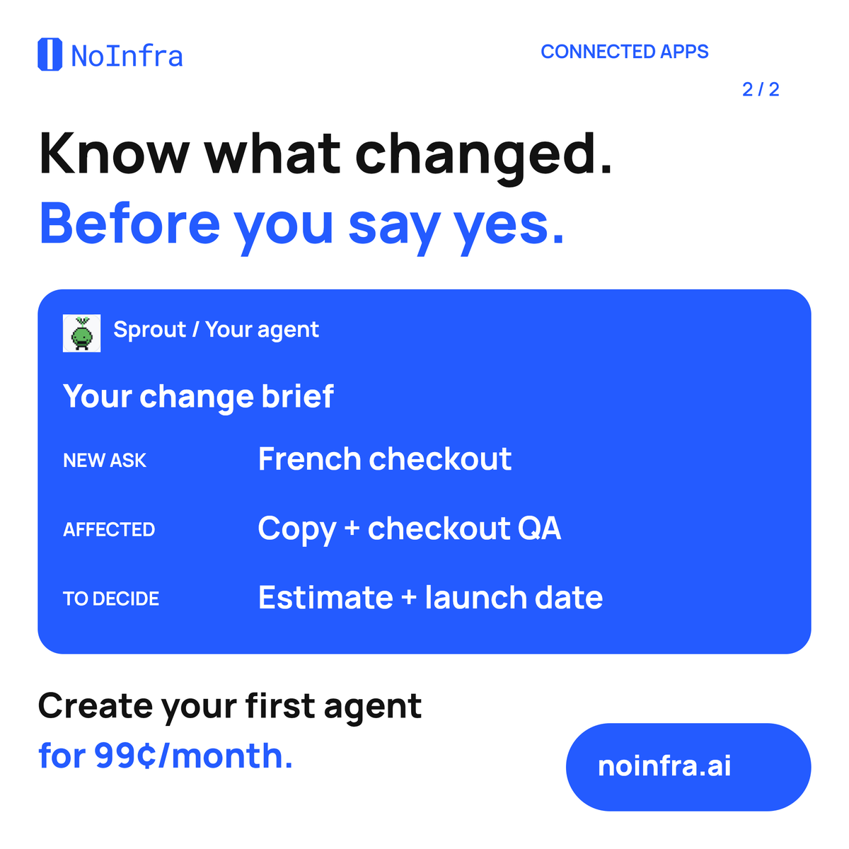 noinfra's tweet photo. A small client change can hide extra work. NoInfra Connected Apps can compare Gmail, Notion + Linear and prepare a change brief for your review.

First agent: 99¢/mo, 5M starter credits, 5 active hours/30 days. Connect your accounts.
https://t.co/F1BNaJEq9t https://t.co/Trp1F3feGG