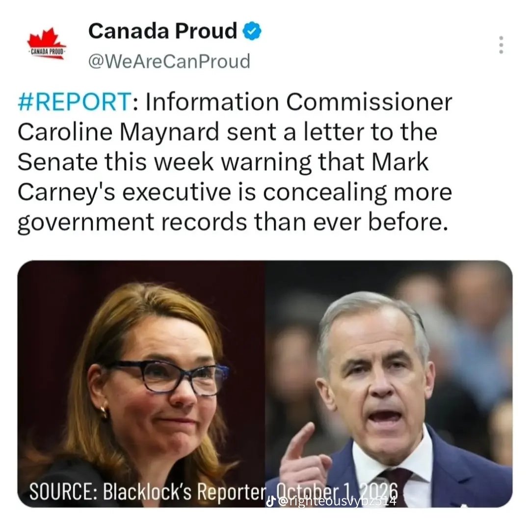 DefazioIvano's tweet photo. Commissioner Caroline Maynard is sounding the alarm that Mark Carney's executive is concealing more government records than ever before.....who believes that this government is corrupt? https://t.co/nSV01E4RQi
