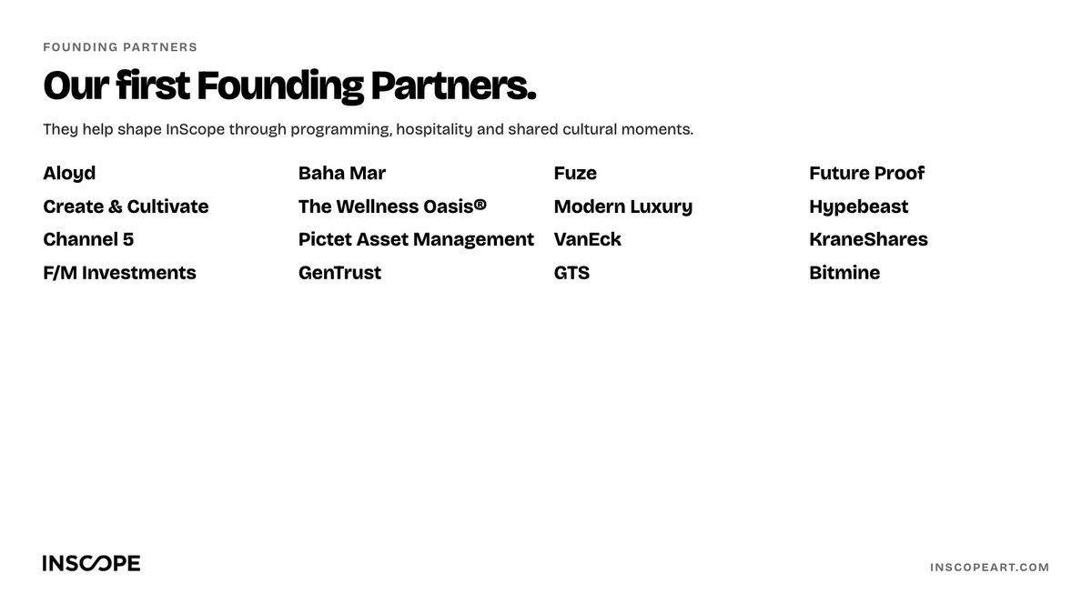 Inscopeart's tweet photo. Our first Founding Partners help shape InScope through programming, hospitality, and shared cultural moments. Thank you to Aloyd, Baha Mar, Fuze, Future Proof, Create &amp; Cultivate, The Wellness Oasis®, Modern Luxury, Hypebeast, Channel 5, and more. https://t.co/BilnZyvdWt https://t.co/CPHPOITSKU