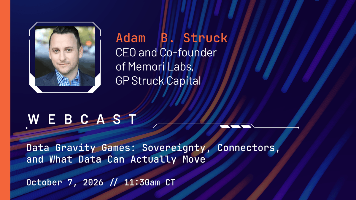 thevelocityroom's tweet photo. Your architecture diagram says data can go anywhere. Your compliance team says otherwise.

Join TVR on Wednesday along with Adam B. Struck and Michael Montero from Memori Labs, GP Struck Capital to dig into sovereignty, connectors, and what data can actually move. https://t.co/PpKc5ZI8of