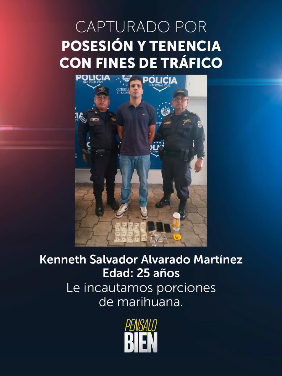 PNCSV's tweet photo. En San Salvador capturamos a Kenneth Salvador Alvarado Martínez, de 25 años de edad, quien se conducía en un carro donde encontramos: 

▪️Varias porciones de marihuana que transportaba dentro de un bote plástico
▪️Dinero en efectivo
▪️Tres celulares

Alvarado Martínez será remitido por el delito de posesión y tenencia con fines de tráfico. 

Continuamos trabajando para erradicar el flagelo del narcomenudeo que afecta a nuestra sociedad. 

Pensalo bien.