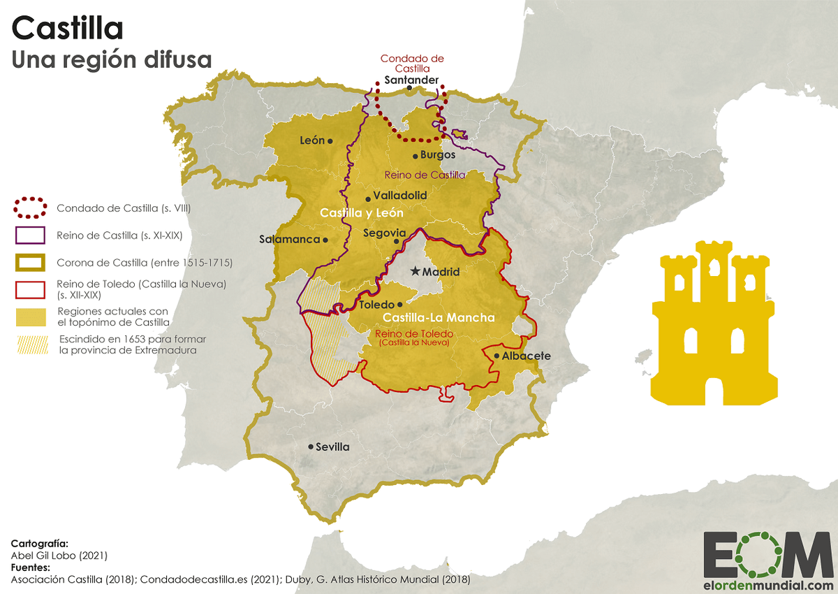 elOrdenMundial's tweet photo. 🏰 Castilla nunca ha tenido unas fronteras claras.

Entonces, ¿dónde estaba realmente Castilla?

La respuesta cambia según el momento: condado, reino, Corona, Castilla la Vieja, Castilla la Nueva… 

Incluso la actual división autonómica dejó antiguas provincias castellanas repartidas entre varias comunidades.

🗺️ ¿Qué territorio incluirías tú cuando piensas en Castilla? Te leemos 👇
https://t.co/4p21kMABYB