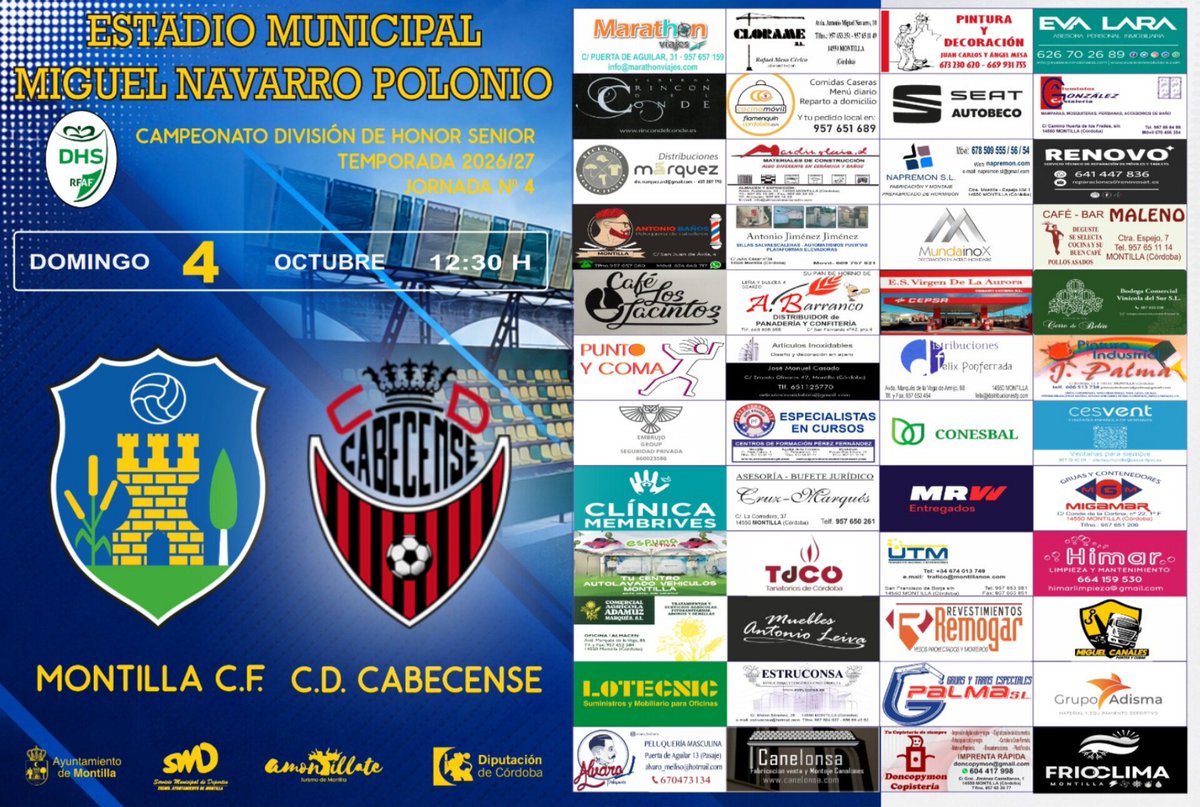 MontillaCF's tweet photo. 📆𝗖𝗔𝗥𝗧𝗘𝗟 | Este domingo nos vemos de nuevo en casa, a partir de las 12:30 horas en el Estadio Municipal Miguel Navarro Polonio. ¡¡¡Te esperamos!!!🏟️
¡¡¡Vamos, Montilla!!!🔰💪⚽
#Montilla #MontillaCF #Cartel #Liga #MontillaCabecense https://t.co/ilmJkpVPy6