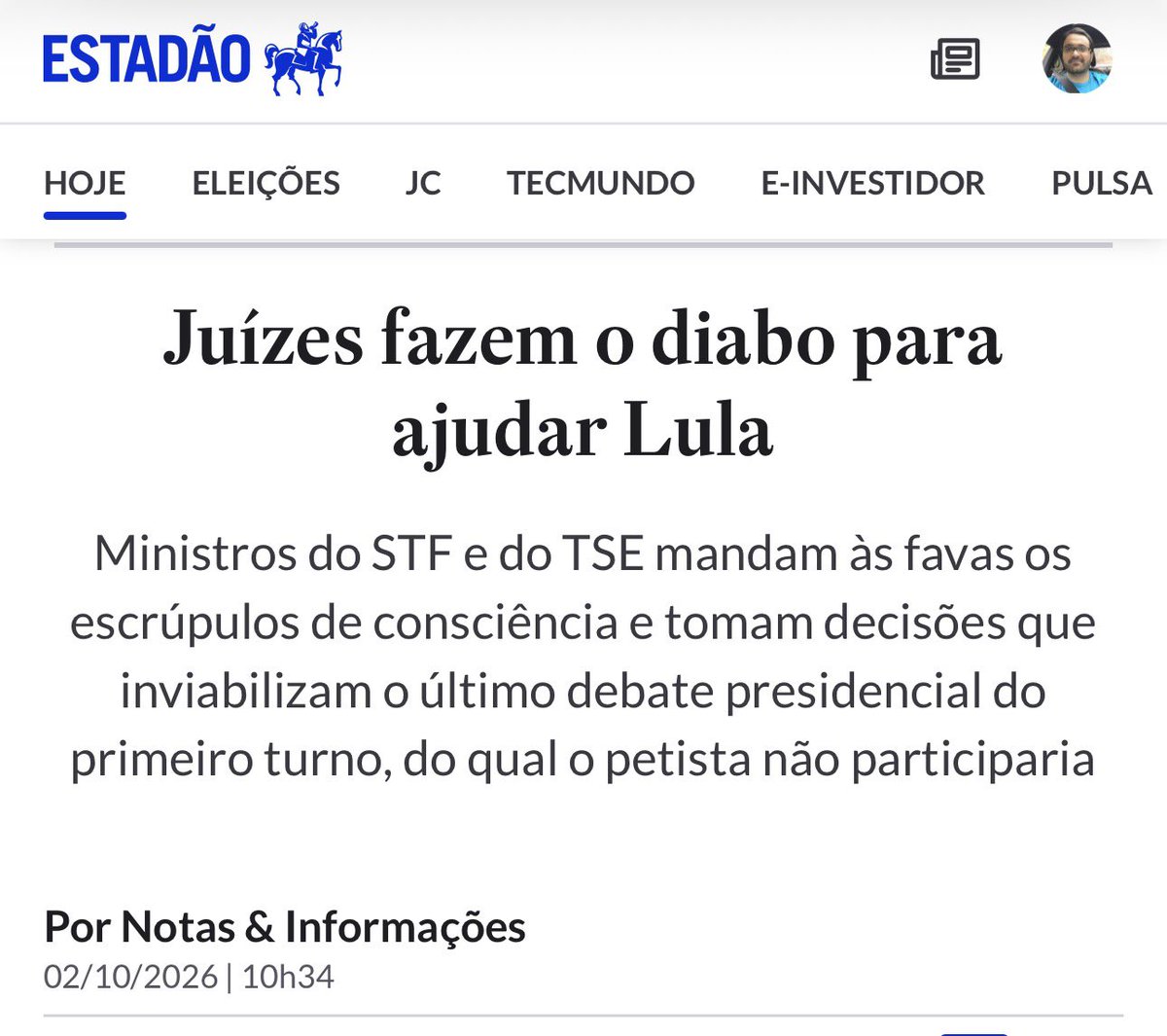 viniciuscfp82's tweet photo. Trecho: "Já ficou suficientemente claro que há uma força-tarefa no Poder Judiciário dedicada a ajudar a reeleger o presidente Lula. Só isso explica as decisões arbitrárias e esdrúxulas que os ministros Gilmar Mendes e Estela Aranha, do TSE, tomaram para inviabilizar a realização do último debate presidencial antes do primeiro turno".