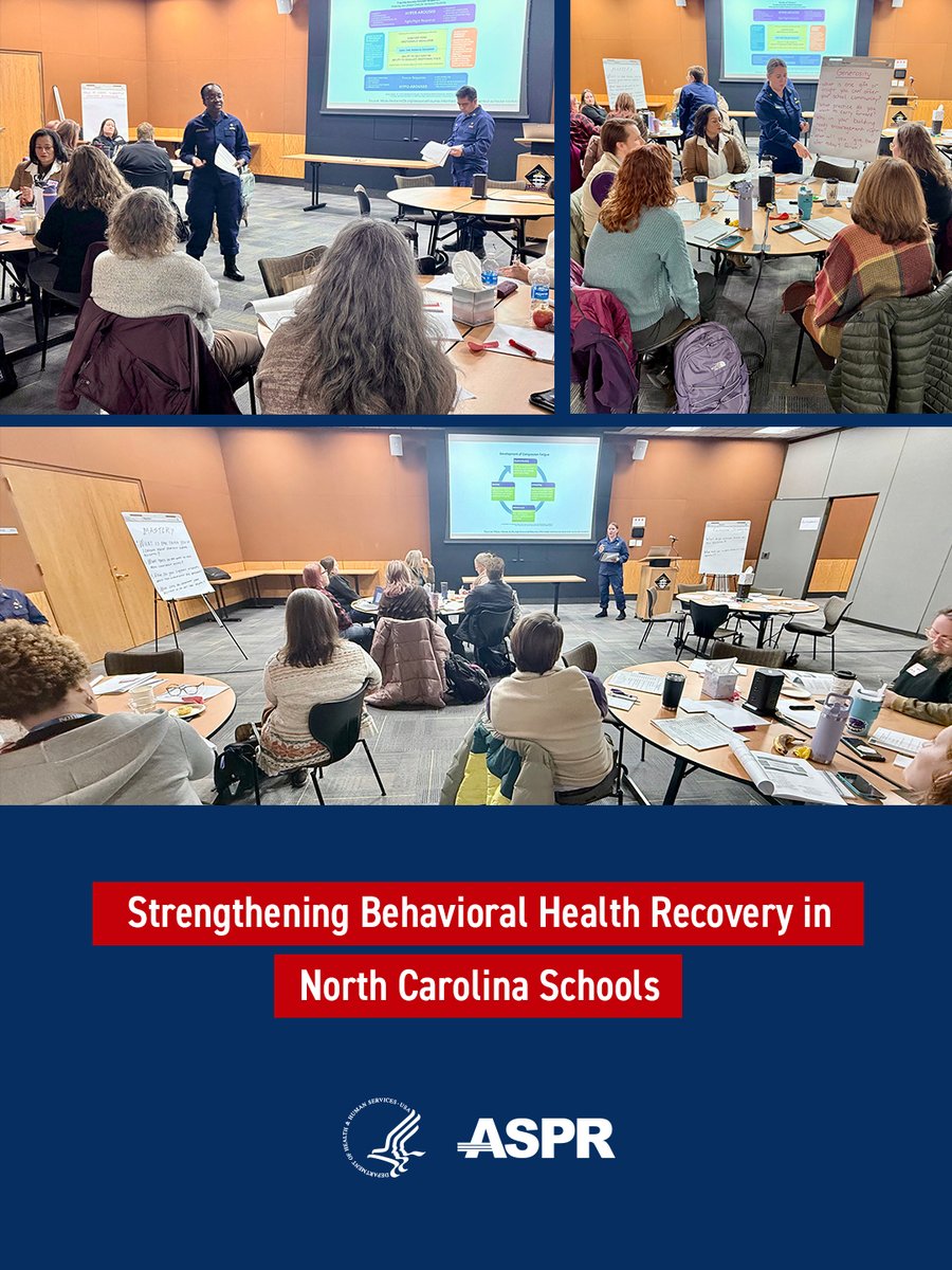 ASPRgov's tweet photo. Recovery after disasters includes helping communities address behavioral health impacts that can persist long after the response happens. This can include disaster-related stress, compassion fatigue, and strained support systems.  

After #HurricaneHelene, ASPR and partners delivered a full-day Behavioral Health Education Forum which equipped educators with tailored school-based tools and 110+ strategies to support students, strengthen staff well-being, and rebuild connections throughout the community. https://t.co/owqqnWq0N4