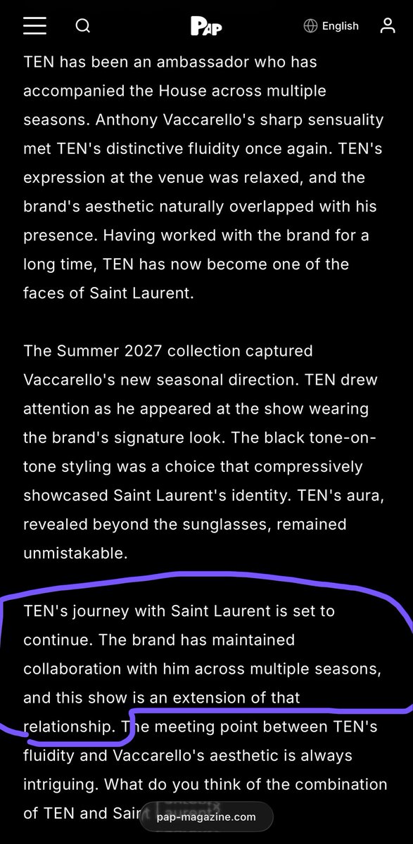 babyjey10's tweet photo. Having worked with the brand for a long time, TEN has now become one of the faces of Saint Laurent.

TEN AT SAINT LAURENT SUMMER27  
#TENforYSLPFW27 #SaintLaurentxTEN

เส้นทางการร่วมงานระหว่าง TEN และ Saint Laurent จะดำเนินต่อไปโดยทางแบรนด์ได้ร่วมงานกับเขามาอย่างต่อเนื่องตลอดหลายซีซั่น และโชว์ครั้งนี้ก็ถือเป็นการสานต่อความสัมพันธ์ดังกล่าว