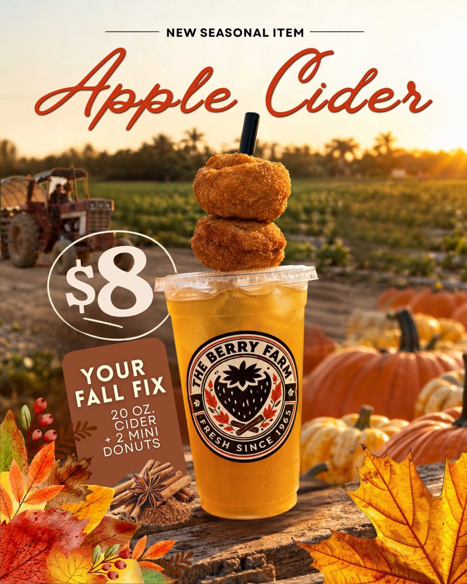 TheFieldsByTBF's tweet photo. You asked for it for YEARSโฆ ๐ Apple Cider is finally here!
Our new $8 Fall Fix includes a 20 oz. cider + 2 mini donuts. ๐ฉ
Harvest Festival is open until 9 PM Fridays & Sundays in Oct. & Nov. ๐๐ฝ
$99 Family 4-Pack available too!
๐๏ธ https://t.co/fvniXnSkSP
#TheBerryFarm https://t.co/88pnr4s0gl