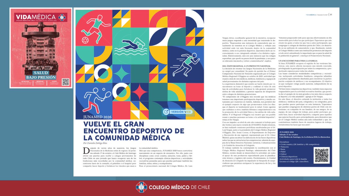colmedchile's tweet photo. [#RevistaVidaMédica] JUNAMED 2026: Vuelve el gran encuentro deportivo de la comunidad médica
📑➡️ https://t.co/JQnPugNver https://t.co/U2sBWzKOkO