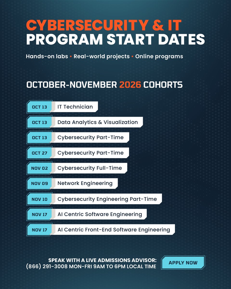 QuickStartIntel's tweet photo. QuickStart’s October–November cohorts include cybersecurity, IT, data analytics, network engineering, and AI-centric software engineering. 

📆 Check the start dates and explore your options: https://t.co/uUwc18unwj 

#TechTraining #Cybersecurity https://t.co/HJjHtr7YEg