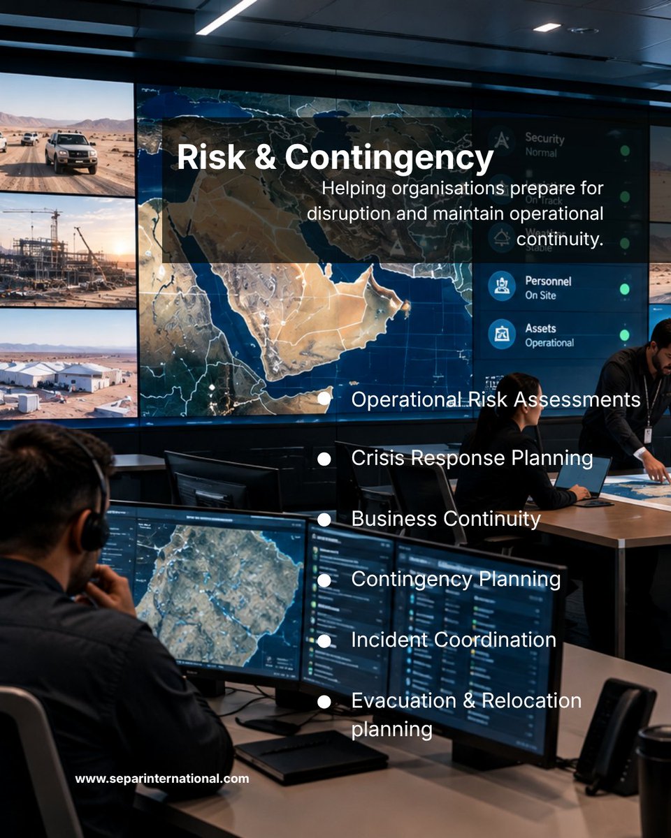 SEPAR_Inter's tweet photo. 🌍Operational Support Across MENA
🏜️Remote & Hostile Operations
Logistics | Remote Sites | Route Planning | Transport | Personnel Movements
🛡️Risk & Contingency
Risk Assessments | Crisis Planning | Business Continuity | Incident Coordination | Evacuation & Relocation
#MENA https://t.co/PkeHbhtSw8