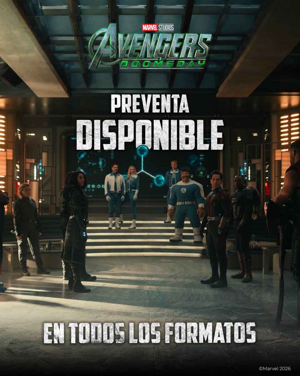 MarvelLATAM's tweet photo. Todos juntos. 

Ya comenzó la preventa de #AvengersDoomsday en todos los formatos. Sé el primero en ver la película del año en el cine. Estreno 16 de diciembre. 🎟️ Tickets disponibles en el link en bio. https://t.co/vACOHSfVY8