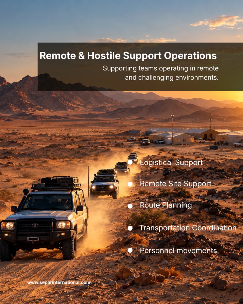 SEPAR_Inter's tweet photo. 🌍Operational Support Across MENA
🏜️Remote & Hostile Operations
Logistics | Remote Sites | Route Planning | Transport | Personnel Movements
🛡️Risk & Contingency
Risk Assessments | Crisis Planning | Business Continuity | Incident Coordination | Evacuation & Relocation
#MENA https://t.co/PkeHbhtSw8