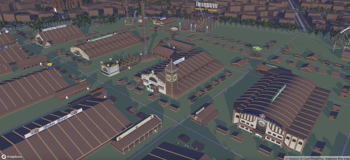 Mapbox's tweet photo. A little piece of Oktoberfest, recreated in 3D 🍺

From the iconic tents and attractions to the colorful details covering their facades, we went beyond the usual level of detail to make this location feel as vibrant and authentic as the real celebration. Prost to the team behind it! 

Explore the Oktoberfest location on the map: https://t.co/cuFZKL4RAl 

#BuiltWithMapbox #MapboxStandard #Oktoberfest
