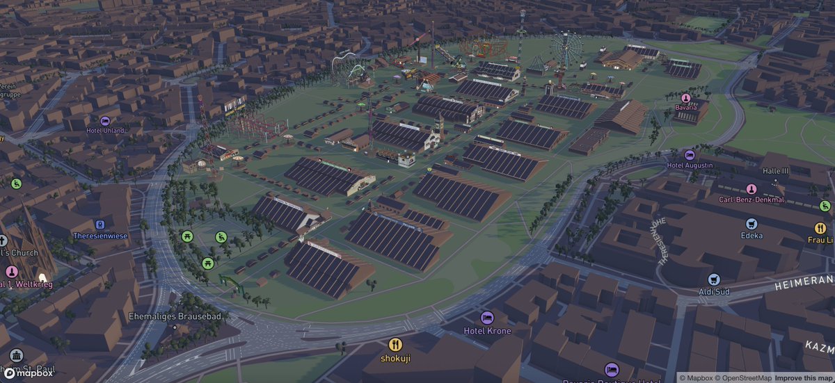Mapbox's tweet photo. A little piece of Oktoberfest, recreated in 3D 🍺

From the iconic tents and attractions to the colorful details covering their facades, we went beyond the usual level of detail to make this location feel as vibrant and authentic as the real celebration. Prost to the team behind it! 

Explore the Oktoberfest location on the map: https://t.co/cuFZKL4RAl 

#BuiltWithMapbox #MapboxStandard #Oktoberfest