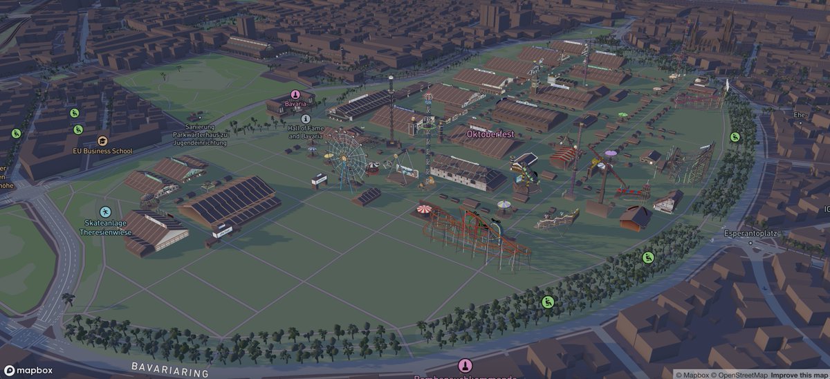 Mapbox's tweet photo. A little piece of Oktoberfest, recreated in 3D 🍺

From the iconic tents and attractions to the colorful details covering their facades, we went beyond the usual level of detail to make this location feel as vibrant and authentic as the real celebration. Prost to the team behind it! 

Explore the Oktoberfest location on the map: https://t.co/cuFZKL4RAl 

#BuiltWithMapbox #MapboxStandard #Oktoberfest