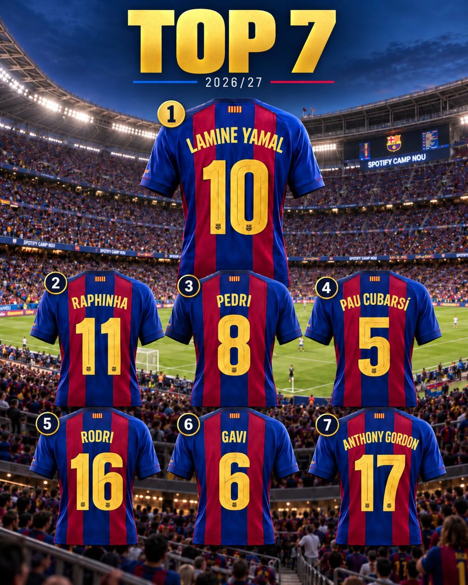 Mosharof221's tweet photo. 👕🔥 𝐁𝐀𝐑𝐂̧𝐀’𝐒 𝐓𝐎𝐏 𝟕 𝐁𝐄𝐒𝐓-𝐒𝐄𝐋𝐋𝐈𝐍𝐆 𝐒𝐇𝐈𝐑𝐓𝐒 𝐓𝐇𝐈𝐒 𝐒𝐄𝐀𝐒𝐎𝐍!

🥇 Lamine Yamal — 10
🥈 Raphinha — 11
🥉 Pedri — 8
4️⃣ Pau Cubarsí — 5
5️⃣ Rodri — 16
6️⃣ Gavi — 6
7️⃣ Anthony Gordon — 17  

Lamine leads the way. 🌟💙❤️

Which shirt would you buy? 👀 https://t.co/FovgtyS9HI