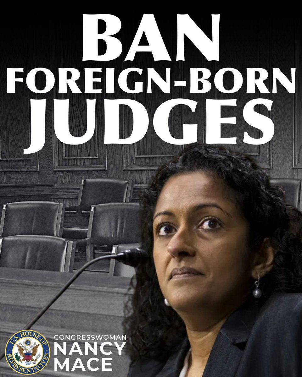 RepNancyMace's tweet photo. Judges who wield the power of the United States government should answer to the United States Constitution. Not a foreign power.

American sovereignty comes first. We introduced a constitutional amendment requiring Members of Congress, federal judges, and Senate-confirmed officers of the United States to be natural born citizens.

American courts must serve the Constitution. Period.