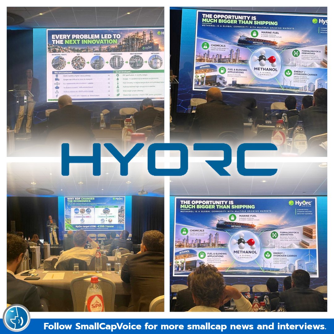smallcapvoice's tweet photo. From the World Methanol Conference in Rotterdam: $HYOR showcased its RDF-to-methanol platform with a target production cost of ~$350/tonne without subsidy, a figure that drew significant attention among delegates discussing low-carbon methanol projects priced above $1,000/tonne. 
Following the presentation, representatives from energy majors approached the company to discuss the technology further. No agreements have been signed, but the interest highlights the potential commercial relevance of HYOR's waste-to-methanol platform.

#Methanol #CleanTech #WasteToEnergy #EnergyTransition