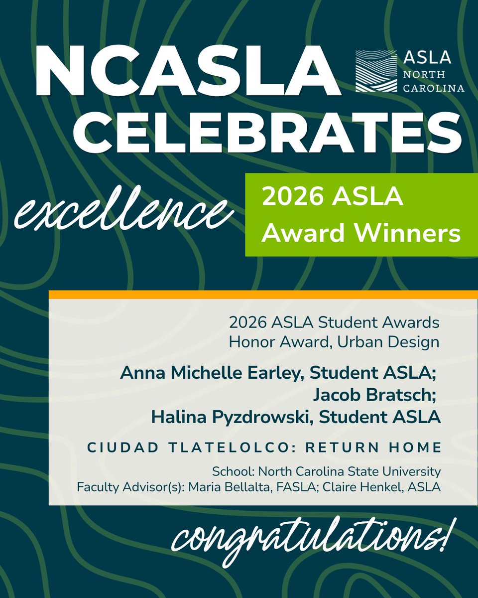 NC_ASLA's tweet photo. We’re thrilled to celebrate the outstanding achievements of our NCASLA members! 🎉 Congratulations to these 2026 ASLA Award winners for their dedication to excellence and innovation in landscape architecture. 🌱🏆 https://t.co/r7WLT1HyHp