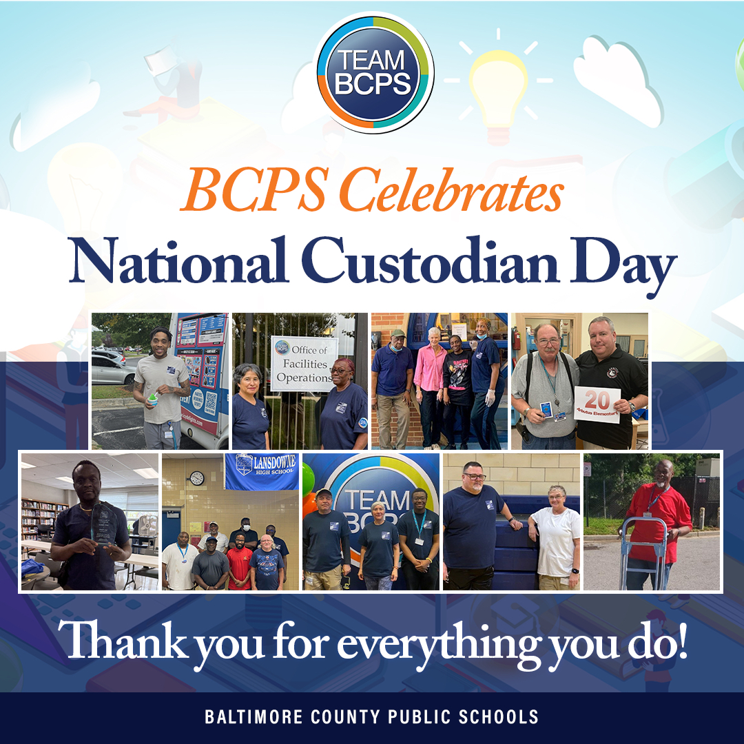 BaltCoPS's tweet photo. Happy National Custodian Day!

Today and every day, Team BCPS is grateful for our devoted custodial staff. Thank you for maintaining safe, clean, and welcoming environments that support our entire school system! https://t.co/ICyhRT4D0G