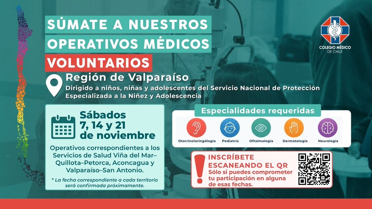 colmedchile's tweet photo. Buscamos médicas y médicos especialistas para sumarse a 3 operativos voluntarios dirigidos a niñas, niños y adolescentes en la Región de Valparaíso.
📅 7, 14 y 21 de noviembre
🩺 Otorrinolaringología, Pediatría, Oftalmología, Dermatología y Neurología
Inscríbete si tienes disponibilidad real. Si no puedes participar, ayúdanos compartiendo esta convocatoria con colegas.

🔗https://t.co/kpMBx83oSc