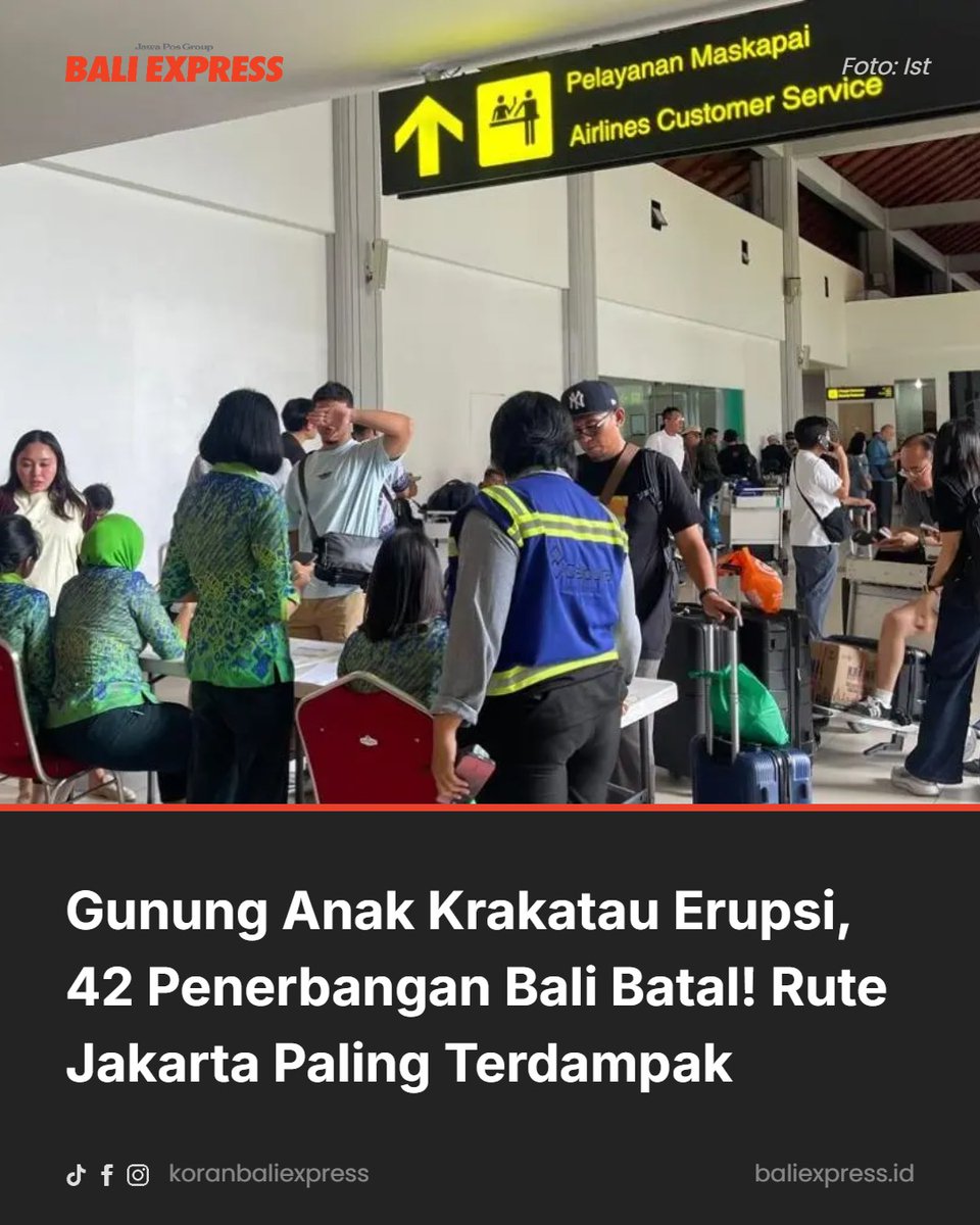 BlueNice_'s tweet photo. Photo by PT. BALI EKSPRES INTERMEDIA on September 06, 2026. A possible meme about Mount Anak Krakatau’s eruption causing 42 flight cancellations in Bali, with Jakarta routes most affected. https://t.co/KG6hmQ0DsB